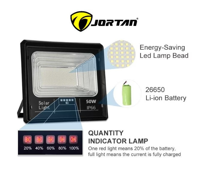 Proiector solar puternic JORTAN® de 300W, LED-uri SMD, panou solar si telecomanda, IP66