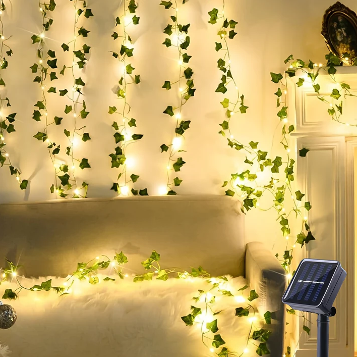 Ghirlanda solara decorativa 12 m 100 LED model frunze verzi. PANOU SOLAR