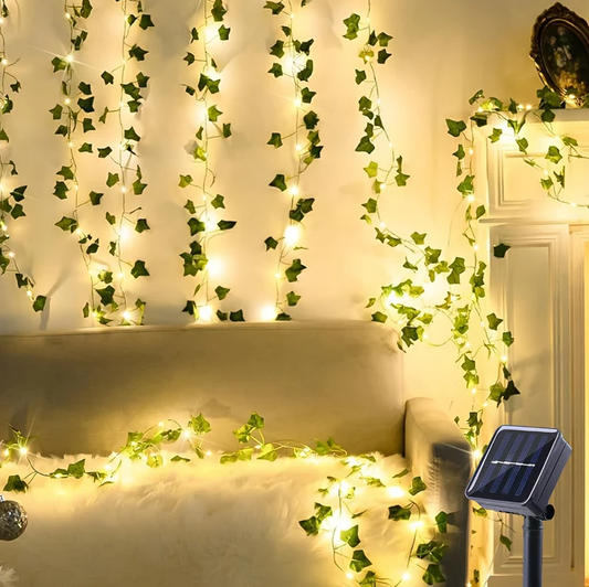 Ghirlanda solara decorativa 12 m 100 LED model frunze verzi. PANOU SOLAR