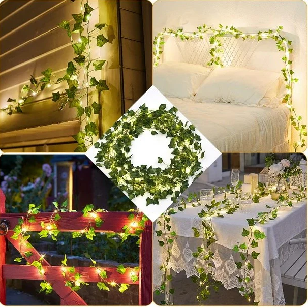 Ghirlanda solara decorativa 12 m 100 LED model frunze verzi. PANOU SOLAR